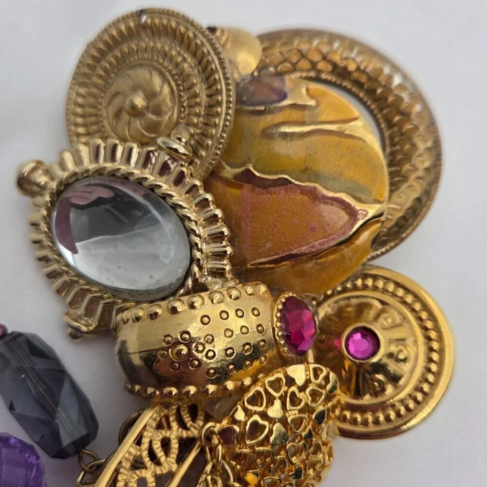 Vintage Maximalist Assemblage Brooch - Gold Tone with Purple Dangle Charms